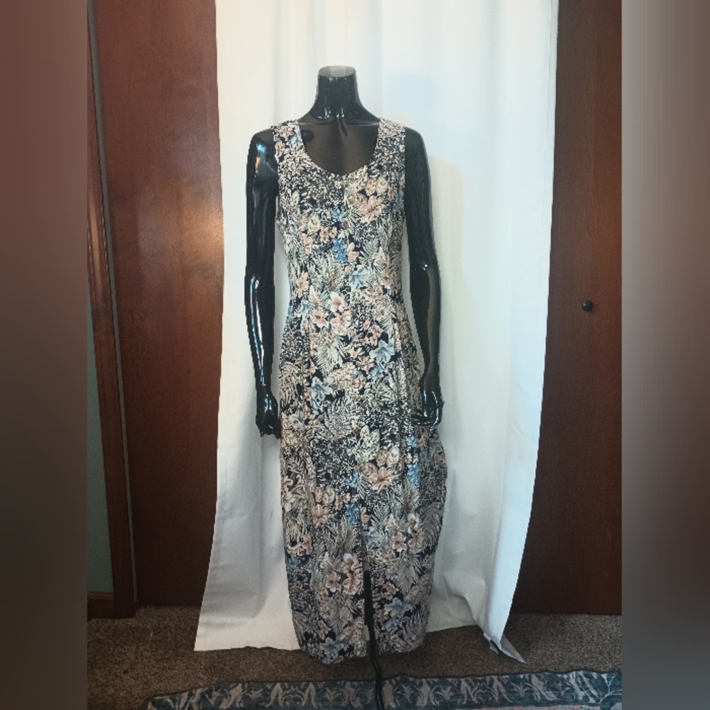 Vtg 90s Womens Cottagecore Floral Button Front Maxi Dress 12 Fits S-M Tropical